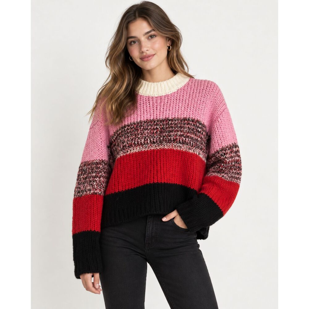 J.O.A. Colorblock Knit Sweater Bulky Cozy Textured Size L